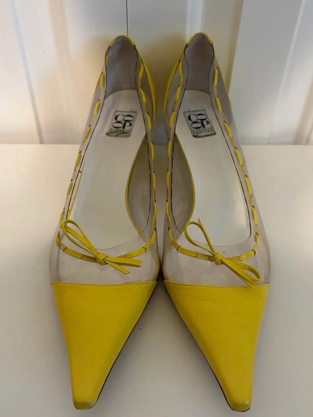 Vintage BARNEYS NEW YORK CO-OP, Yellow Leather and Clear PVC Pointy Kitten Heels